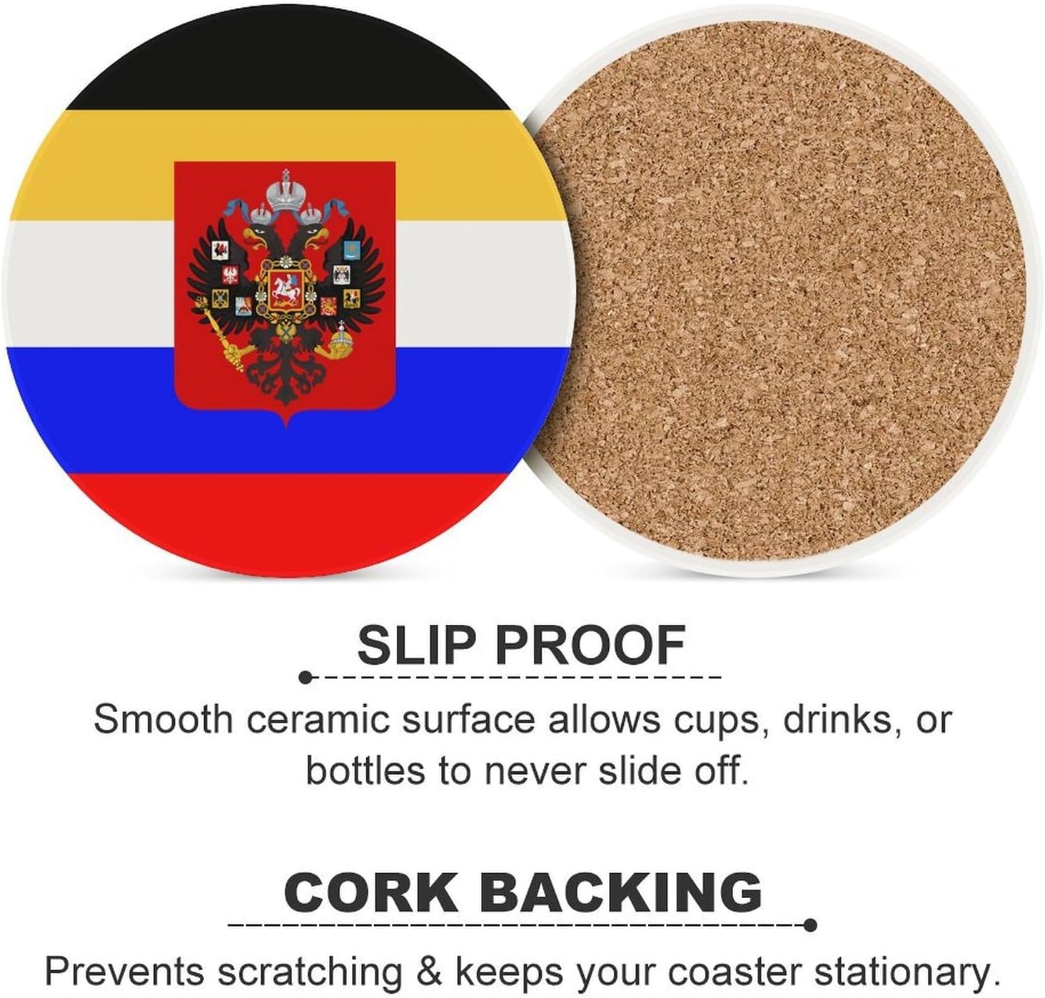 Flag of Russia Round Ceramic Coasters for Drinks Absorbent Cup Holder Tabletop Protector with Cork Base