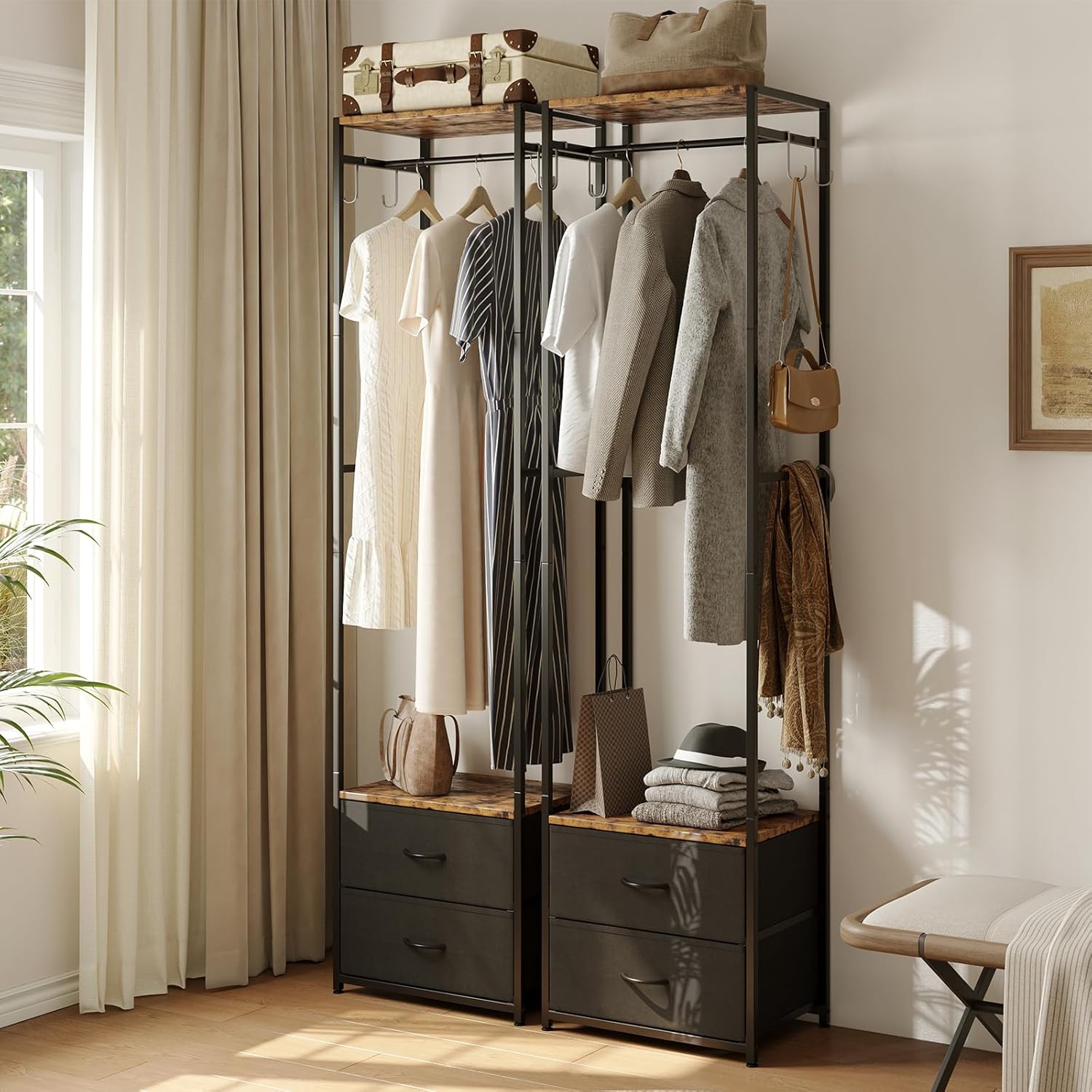Closet Organizer with Drawers, Narrow Wardrobe Storage Rack, Small Clothes Rack with Shelf for Wardrobe and Bedroom, Closet Storage
