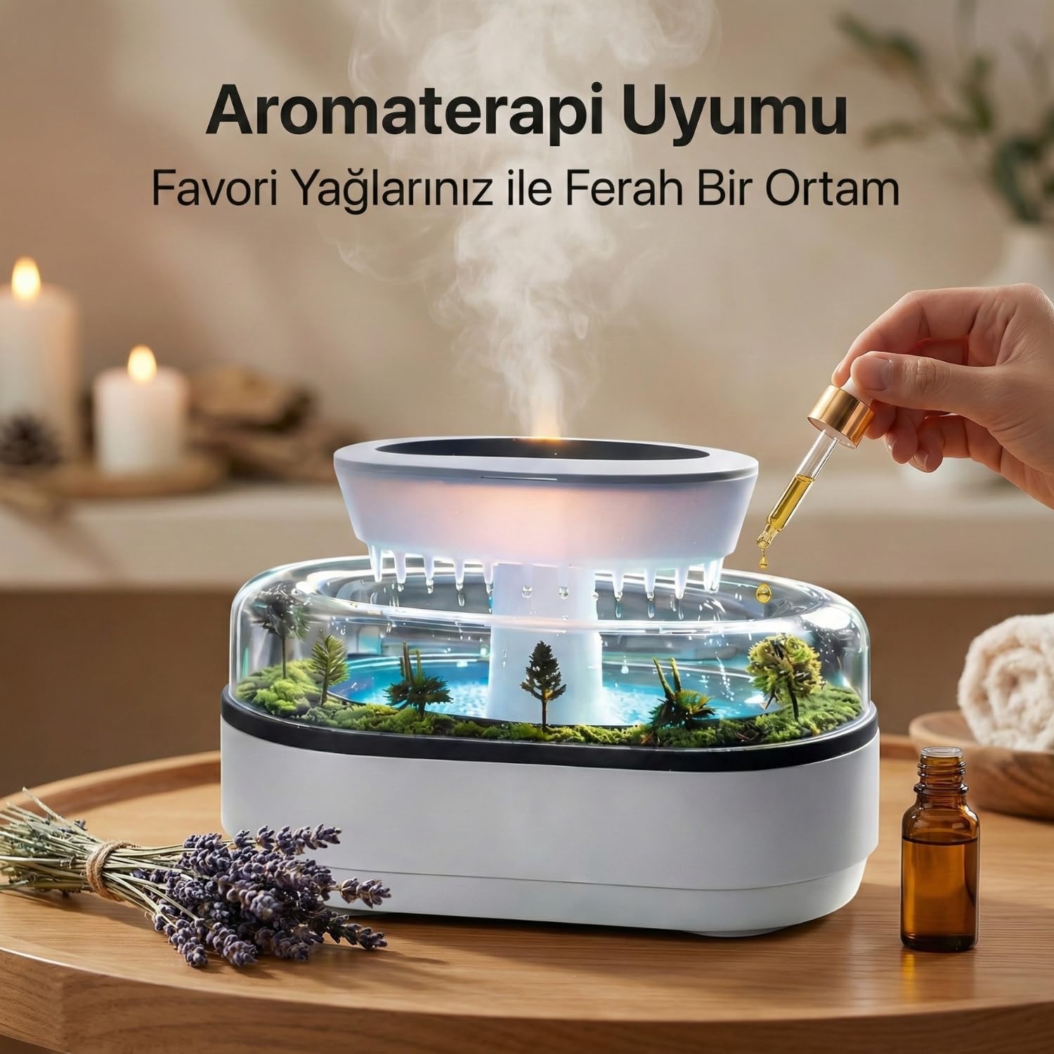 Aromaterapi Hava Nemlendirici, Yağmur Damlası Efekti ve Rahatlatıcı Doğa Sesleri, 7 Farklı LED Ambiyans Işıklı, Aromaterapi Yağı Eklenebilir, Ultrasonik Buhar Teknolojili Ortam Nemlendirici Difüzör