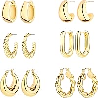 ALLHOLA 6 Pairs 14K Gold Plated Chunky Hoop Earrings for Women - Lightweight Hypoallergenic Huggie Hoops Multipack, Gift Box