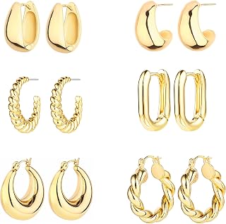 ALLHOLA 6 Pairs 14K Gold Plated Chunky Hoop Earrings for Women - Lightweight Hypoallergenic Huggie Hoops Multipack, Gift Box