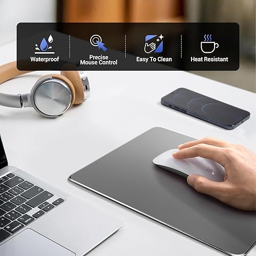 Miniatura 2 de HONKID Alfombrilla de mouse de metal de aluminio, delgada y rígida de doble cara, impermeable, control rápido y preciso, alfombrilla de mouse para