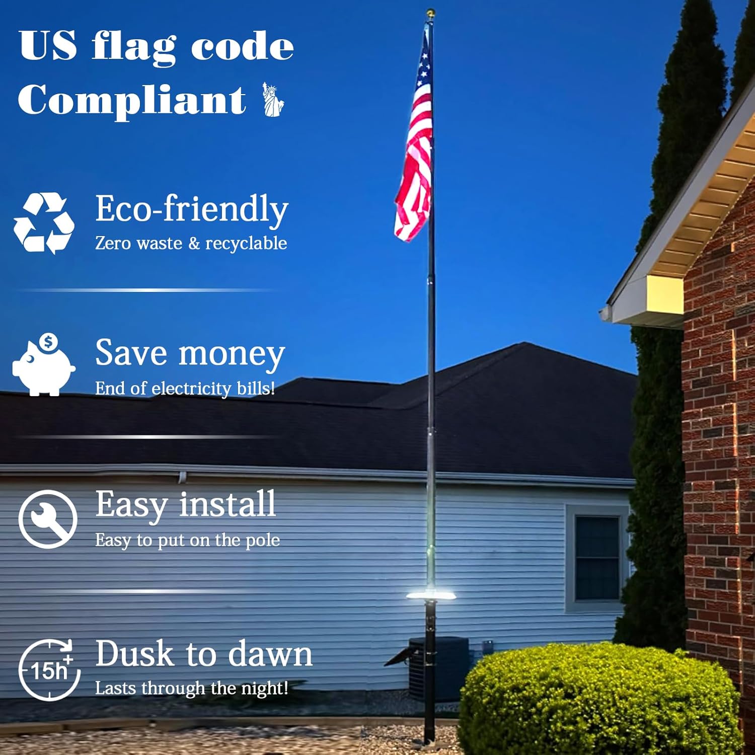 Flag Pole Light Solar Powered 4640 Lumens Brightest Solar Flagpole Light Outdoor Waterproof Dusk to Dawn 32 LED Ring Spotlights 12000mAh Batteries Adjustable Clamp fit 2-6” Dia Flagpoles