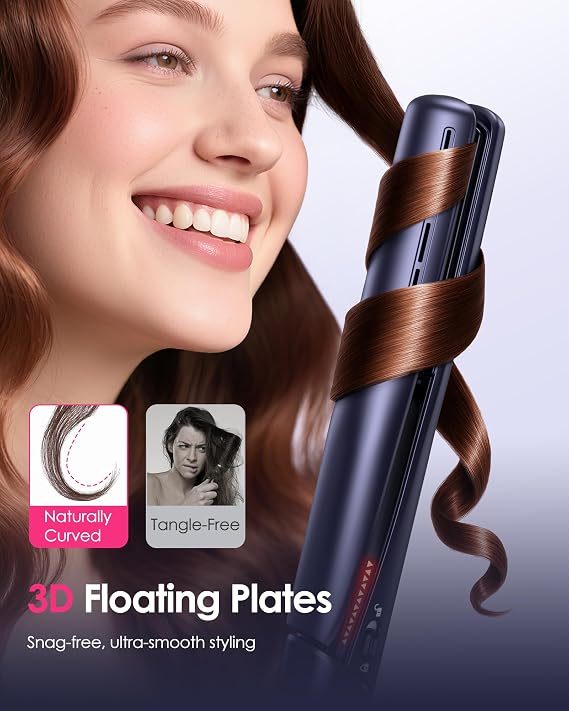 Airflow Styler Pro Flat Iron - 3-in-1 Hair Straightener & Curler with 360 Cooling Airvents - Long-Lasting Style Lock - 3D Floating Ceramic Plates for Frizz-Free & Tug-Free Styling, Fast Heat-up,Navy