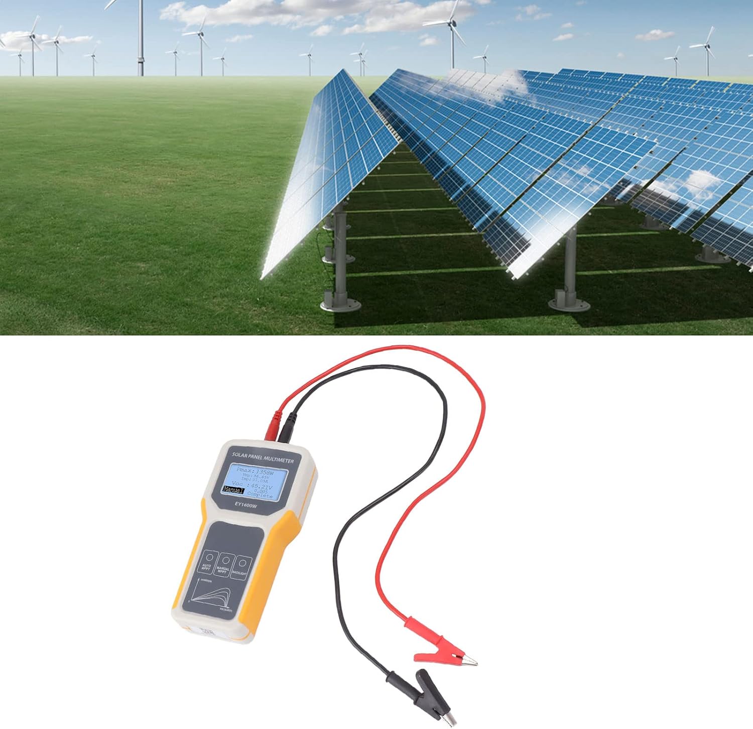 Solar Panel Multimeter, Photovoltaic Tester for Portable, Foldable Solar Power, 1600W MPPT Open Circuit Voltage Tool, Big LCD Screen, Backlight, No Battery Required