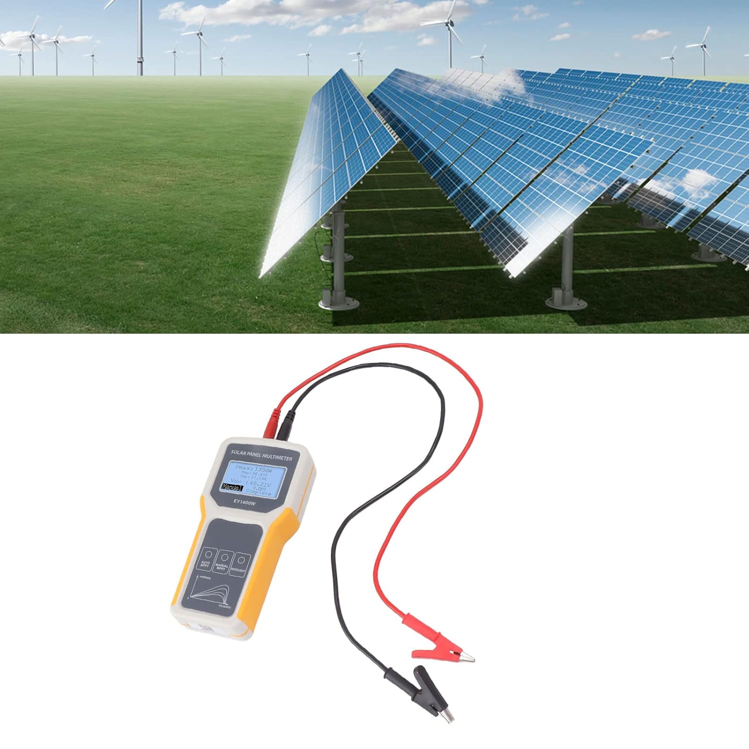 Mumusuki Solar Panel Tester MPPT Multimeter, 1600W VOC Analyzer with Backlight LCD, No Battery Needed, Handheld PV Tester for Roof, RV, Boat Off Grid Systems