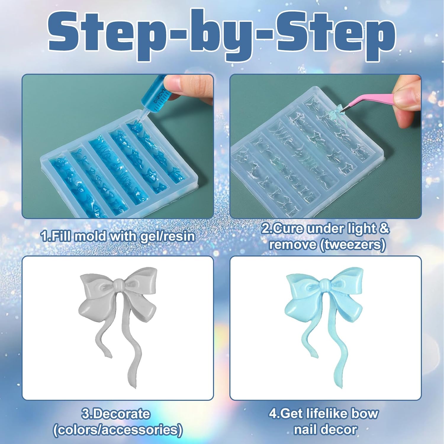 3D Bow Nail Mold, Nail Art Molds 3D Silicone for Gel Bow Design for Women, Craft Project Fingertip Art (Transparent)