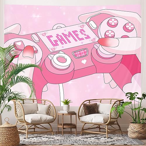 Tapiz kawaii rosa tapiz de juego de anime para dormitorio adolescente lindo tapiz estético de gamer póster de decoración de pared hippie para