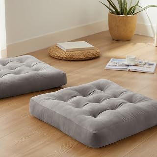 SM-XLHN Meditation Floor Pillow Set of 2 - Large 22x22 Inch Tufted Corduroy Cushions for Yoga, Adults Seating, Light Gray