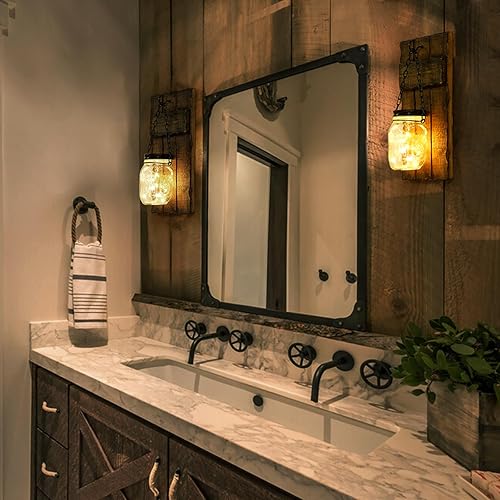 Miniatura 6 de Juego de 2 candelabros de pared, portavelas rústico para decoración del hogar, portavelas de madera montados en casa de campo con luces,