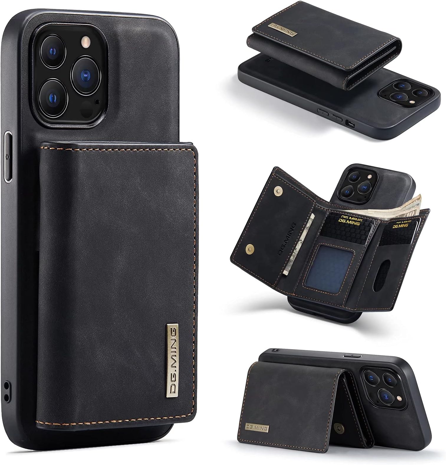 EREA 2 in 1 Clutch Case Compatible with iPhone 13 Pro Max, DG.MING Real Leather Slim Phone Cover Magnetic Detachable Trifold Wallet for iPhone 13 Pro Max (Black)