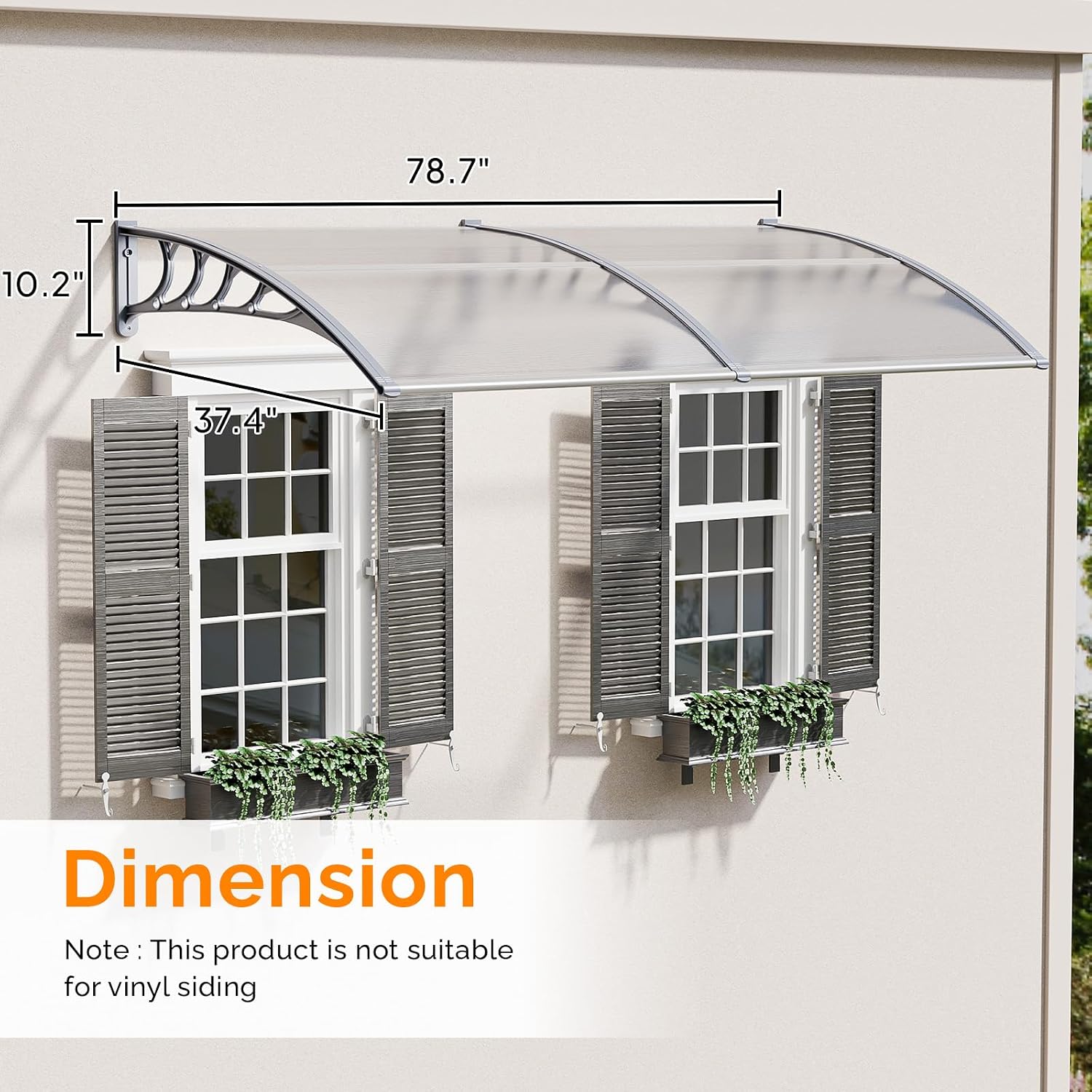 VINGLI Window Awning Door Canopy, 40" x 80" Awnings for Doors Polycarbonate Cover Outdoor Door Canopy Exterior Patio Door Awning Rain Snow Sunlight Protection Hollow Sheet (Clear Board & Grey Bracket)