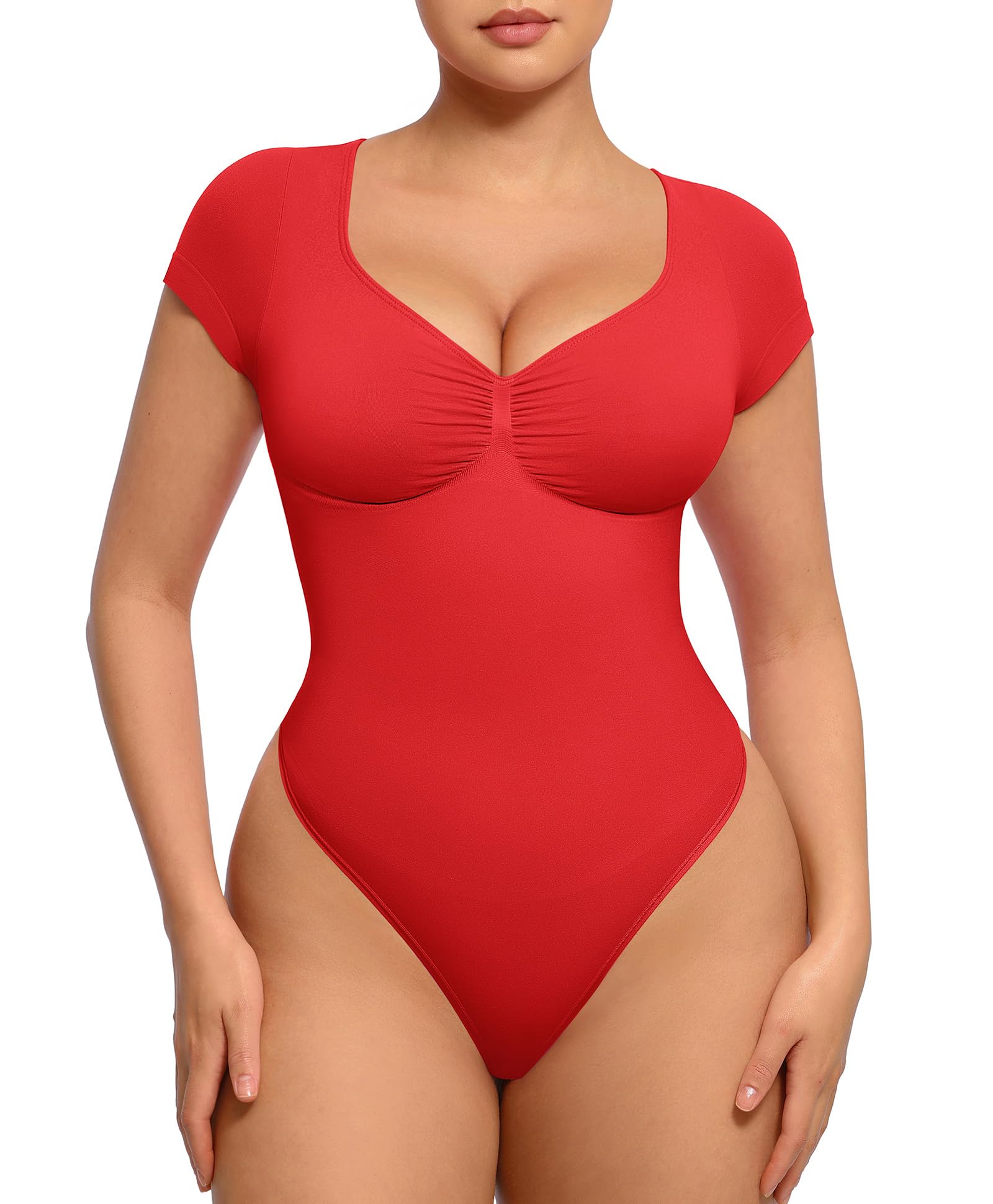 FeelinGirl Short Sleeve Bodysuit for Women V Neck Tummy Control Shapewear Seamless Thong Body Suits Tops