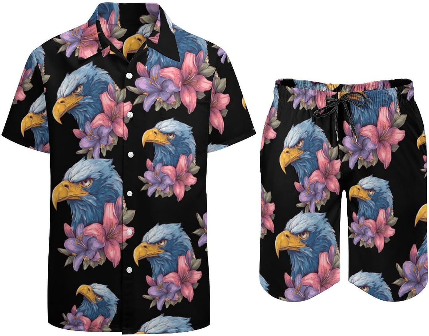 Angry Eagle1 Lily Flower Men's Summer Beach 2 Piece Outfits | hawaiian button down shirt and shorts,vacation cruise,mens bathing suit