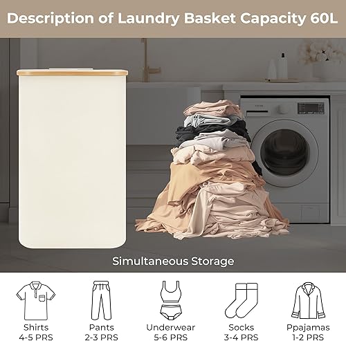 Miniatura 3 de StorageWorks Cesta grande para la ropa sucia con tapa, cesta de lavandería de 100 litros de altura con asas de bambú y 2 bolsas interiores