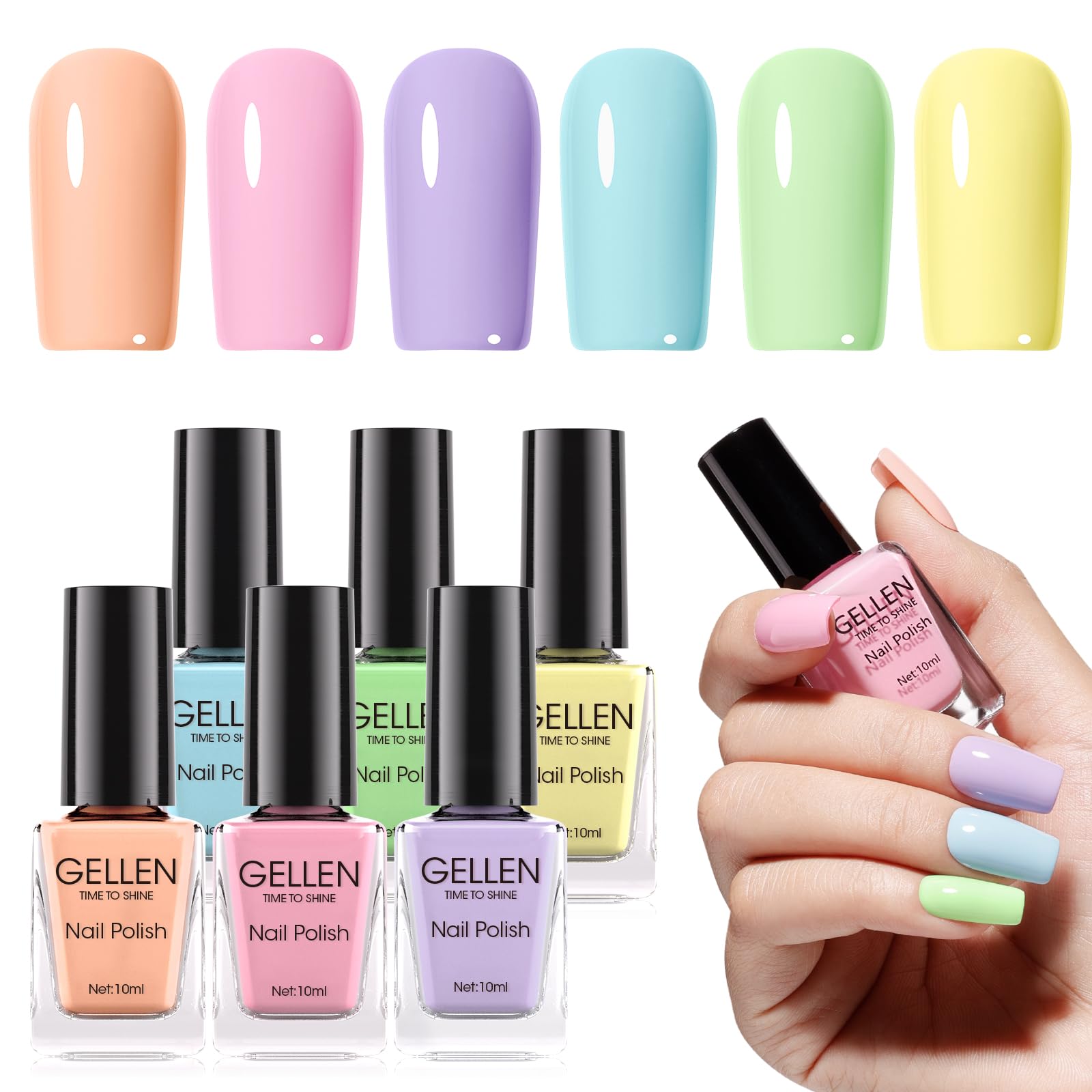Photo 1 of GELLEN Pastel Nail Polish, Quick Air Dry Non-gel Regular Nail Polish No Light Needed for Finger Toe & Fake Nails | 6-color Spring Summer Macaron, Apply 2 Thin Coats | Toxin TPO HEMA Free, No Chip