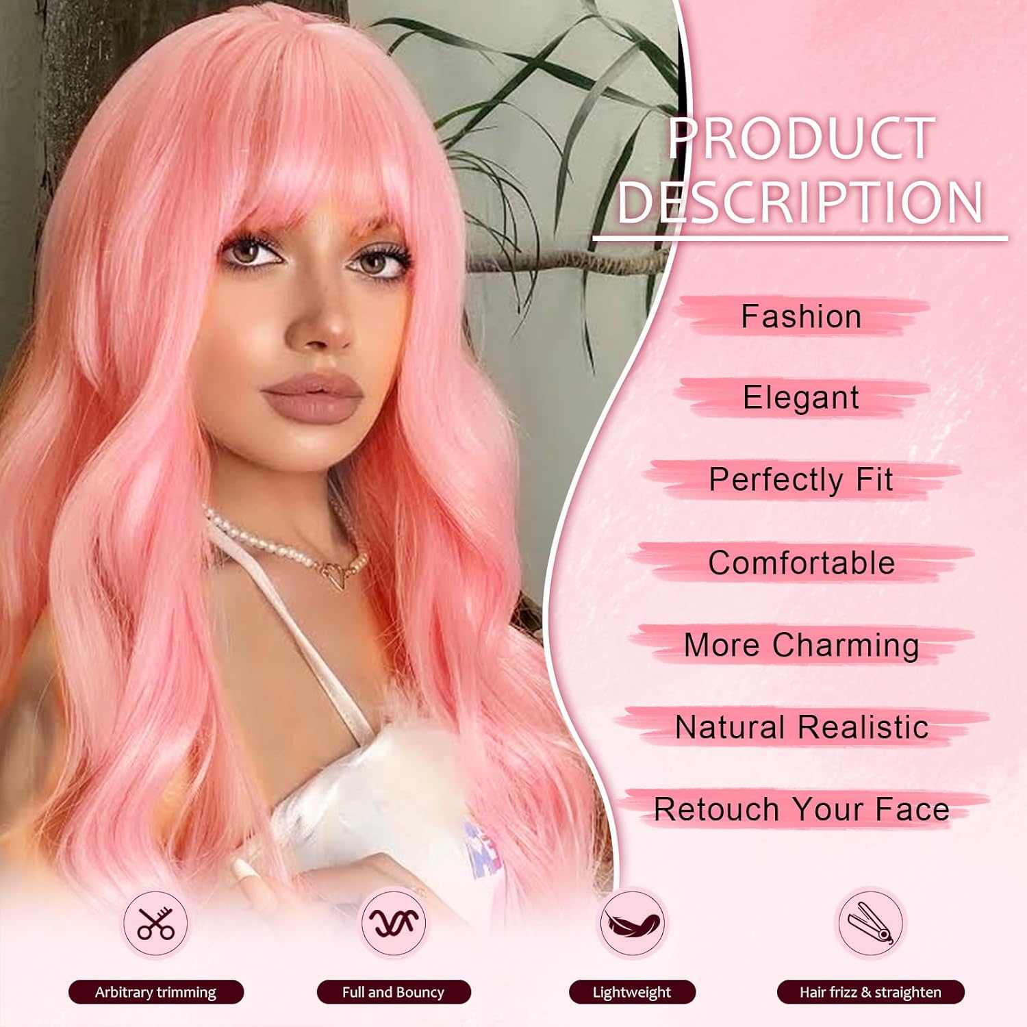 NOSTALGIA Pink Wig With Bangs Long Wavy Wigs for Women 26 Inch Curly Wavy Wig With Bangs skin-friendly synthetic fibersc for Women Girls Daily Party Chrismas Travel Used