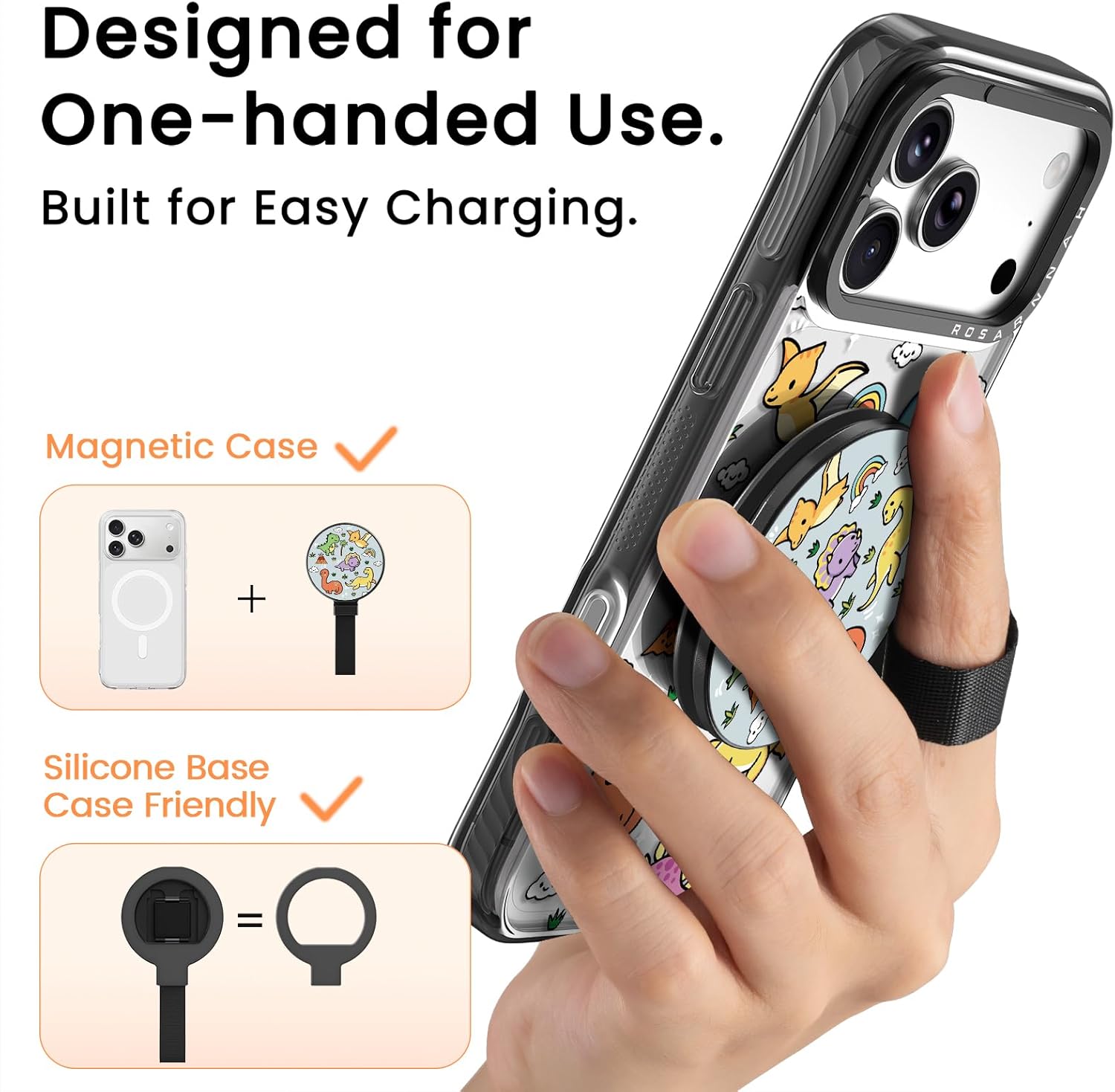 Rosarnnah Phone Grip with Dual-Sided Magnetic for Magsafe - Adjustable Cell Phone Strap Stand Finger Ring Kickstand - Compatible with iPhone 17 Pro Max 16 15 14 13 12 Accessories - Dinosaur Land