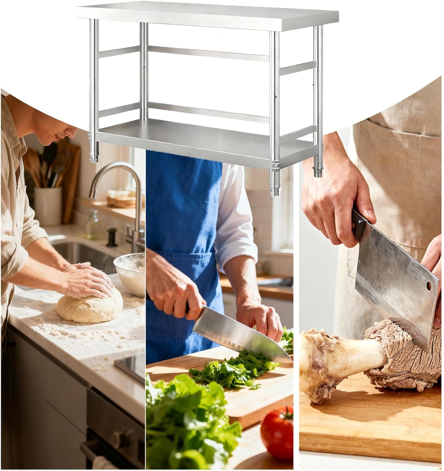 Stainless Steel Guardrail Workbench Kitchen Countertop Cutting Board Open Double-Tier Storage Rack Worktable Adjustable Feet for Restaurant Metal Food Preparation Stations(80x40x80cm/31.5x15.7x31.5”)
