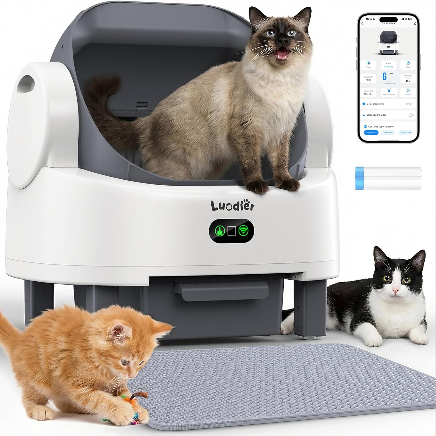 Self Cleaning Litter Box, Multiple Smart Safety Sensor, Open Top Automatic Litter Box, Large Capacity Multiple Cats, with APP Control/1 Trash Bag/1 Litter Mat, Cat Litter Box Automatic Cleaning
