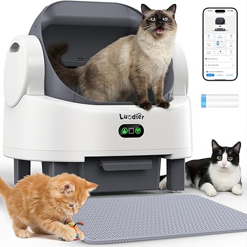 Self Cleaning Litter Box, Multiple Smart Safety Sensor, Open Top Automatic Litter Box, Large Capacity Multiple Cats, with APP Control/1 Trash Bag/1 Litter Mat, Cat Litter Box Automatic Cleaning