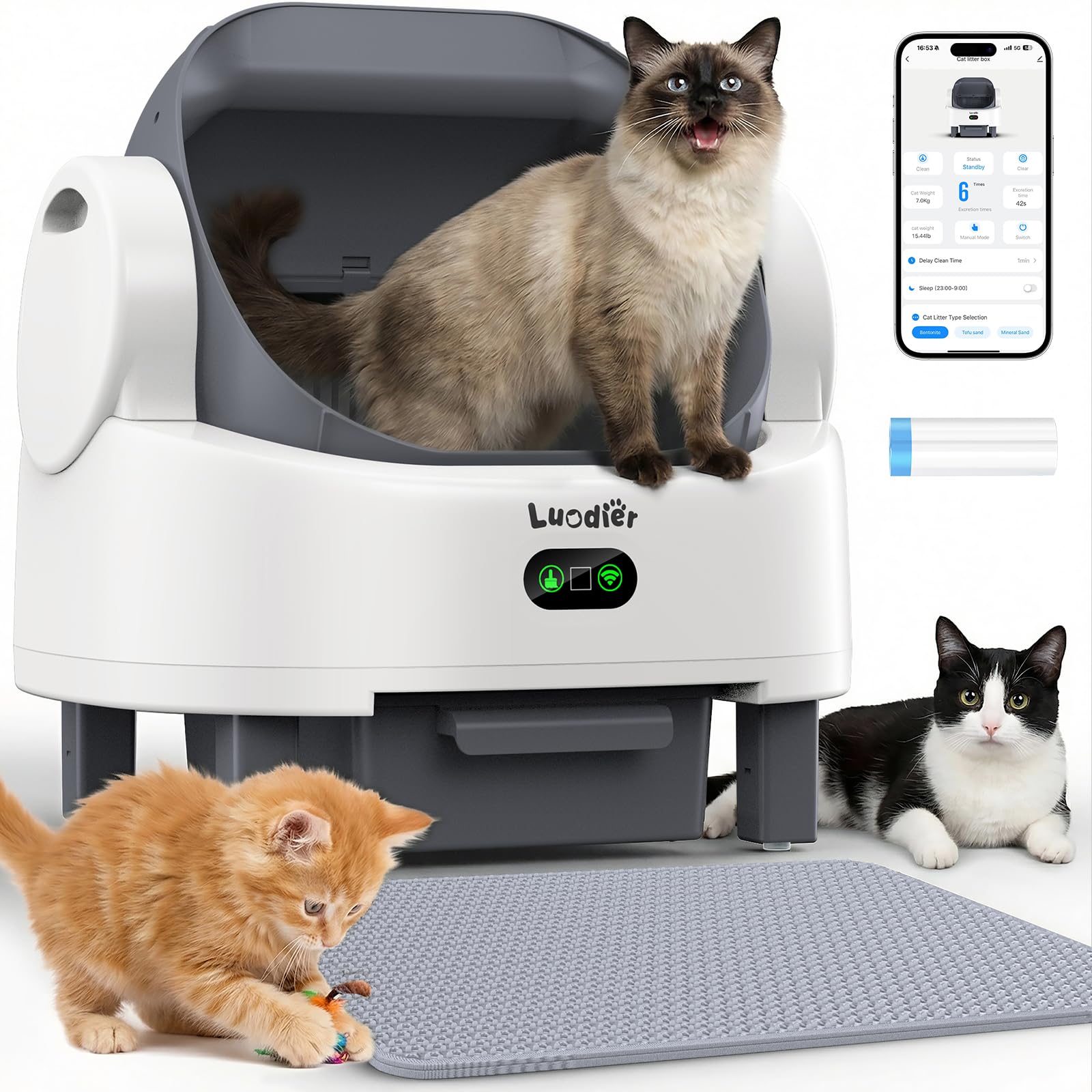 Self Cleaning Litter Box, Multiple Smart Safety Sensor, Open Top Automatic Litter Box, Large Capacity Multiple Cats, with APP Control/1 Trash Bag/1 Litter Mat, Cat Litter Box Automatic Cleaning