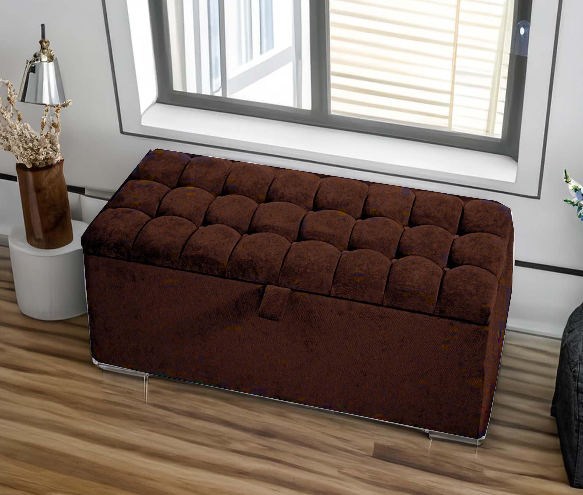 Tabouret pouf rembourré en velours écrasé marron capitonné