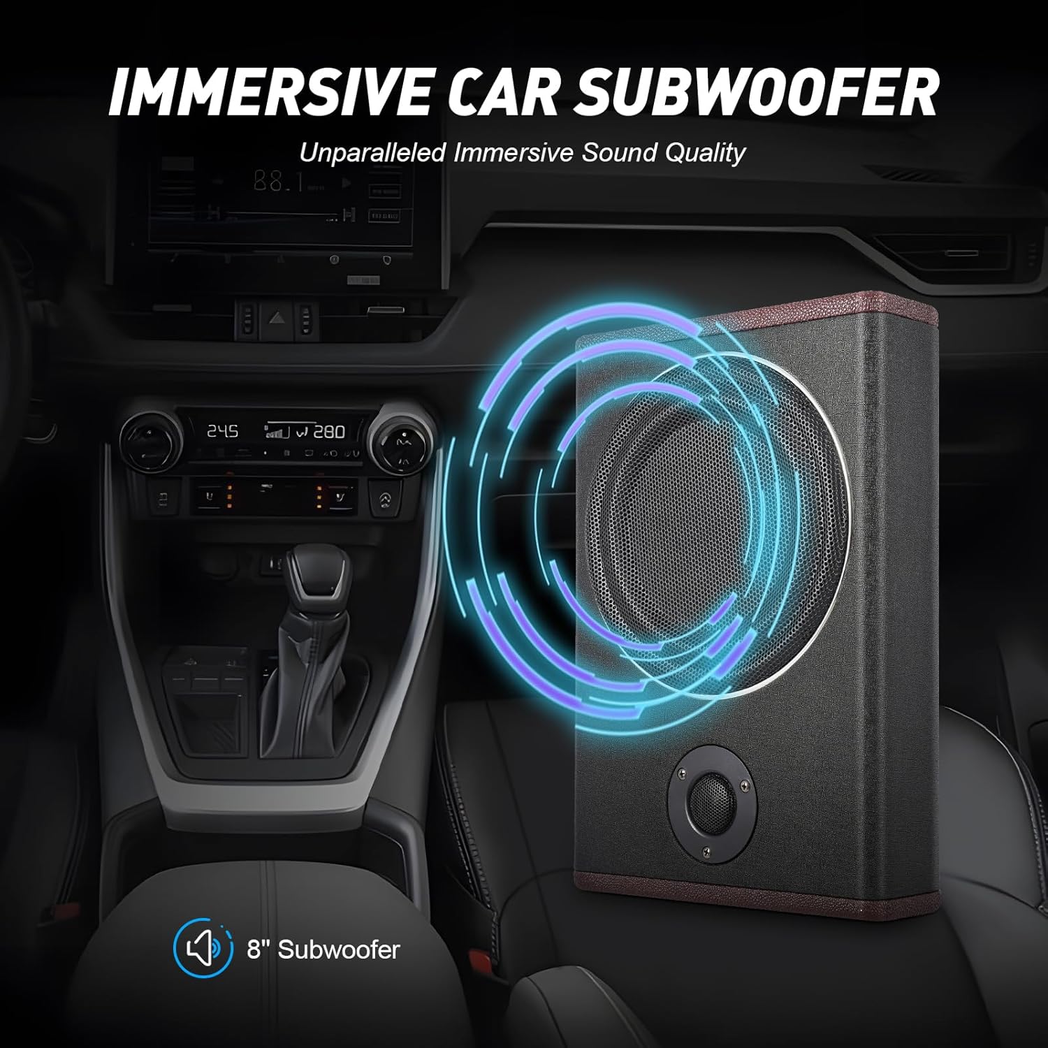 MEHOOSPVN 8 Inch 600W Underseat Car Audio Ultra Slim Compact Active Subwoofer System Loud Sound Audio Active Bass Box Cable Amplifier Power Bass Slim Speaker Amplifier Enclosed Subwoofer System 12V