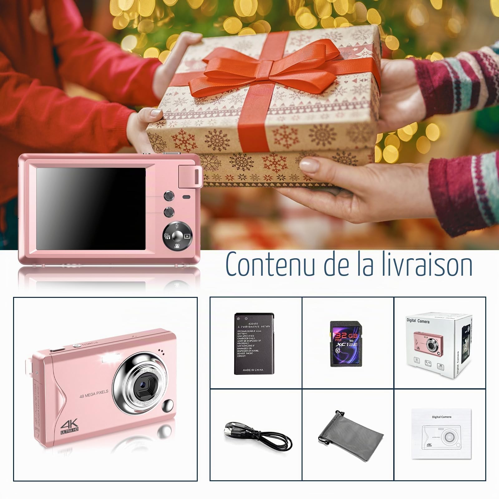 Appareil photo numérique 48 MP 1080P Full HD, carte TF 32 Go, écran 3,0", appareil photo compact portable avec zoom numérique 16x, enregistrement vidéo 4K Ultra HD (rose)