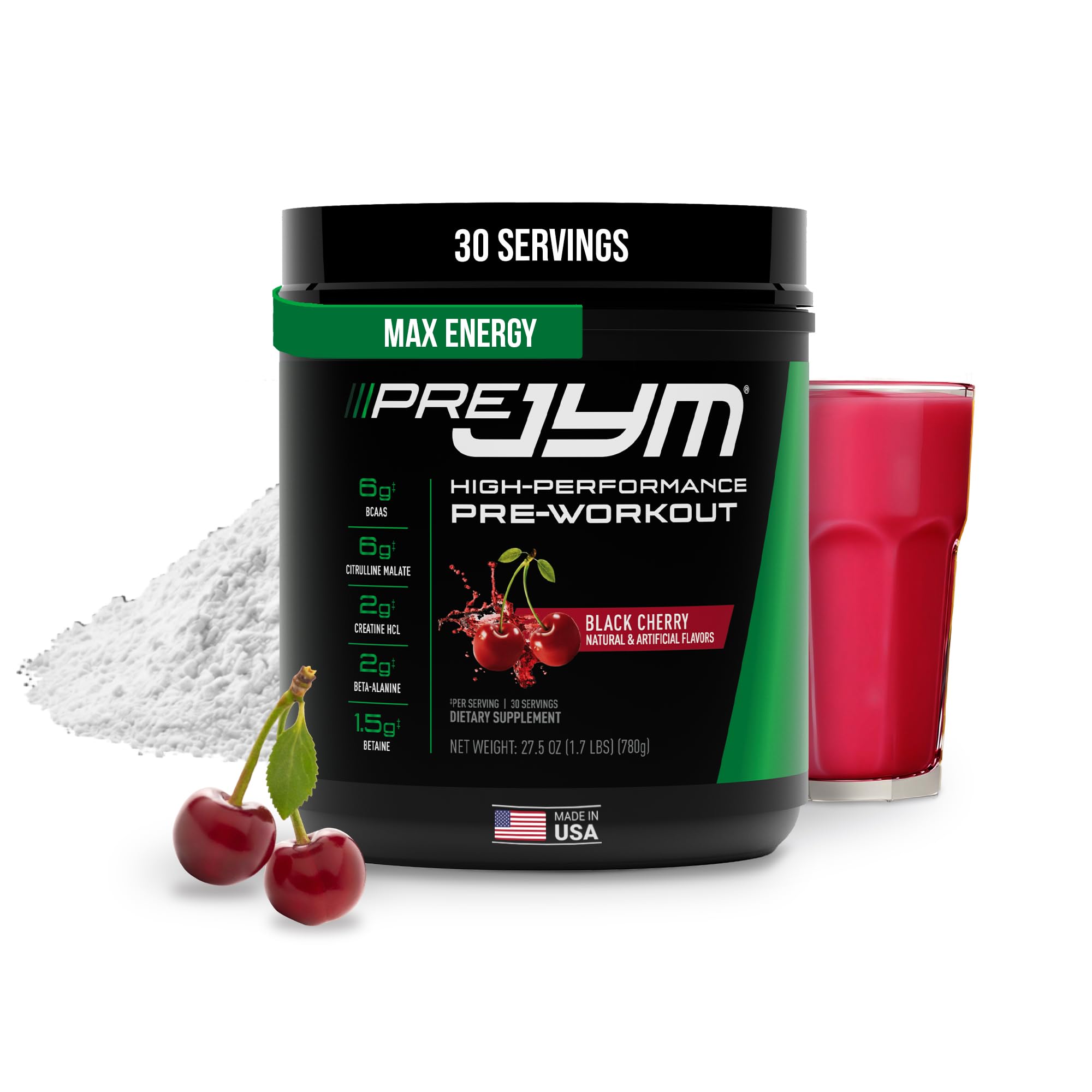 Pre JYM Black Cherry Pre Workout Powder for Men & Women, BCAAs, Nootropics, Creatine HCI, Citrulline, Beta-Alanine, Betaine, Taurine, Huperzine, 30 Servings