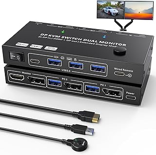 USB 3.0 Displayport KVM Switch 2 Computers 2 Monitors 8K@30hz 4K@144Hz, MST Dual Monitor KVM Switch, DP in, DP+HDMI Out With 4 USB 3.0 Ports, Wired Remote and Displayport 1.4 Cables Included