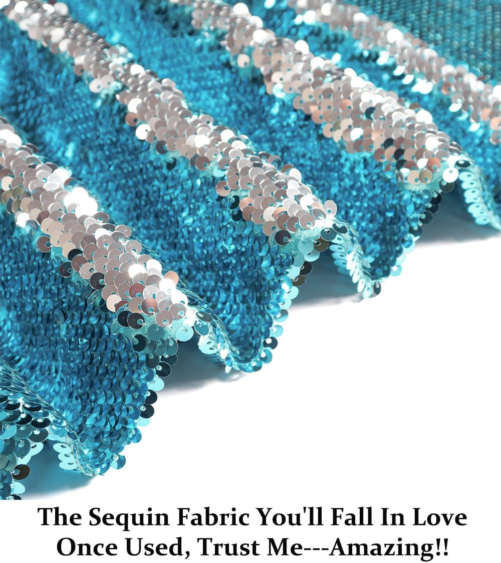 DUOBAO Turquoise to Silver Sequin Fabric by The Yard Mermaid Two Color Change Glitter Fabrics Aqua Reversible Sparkle Sequins