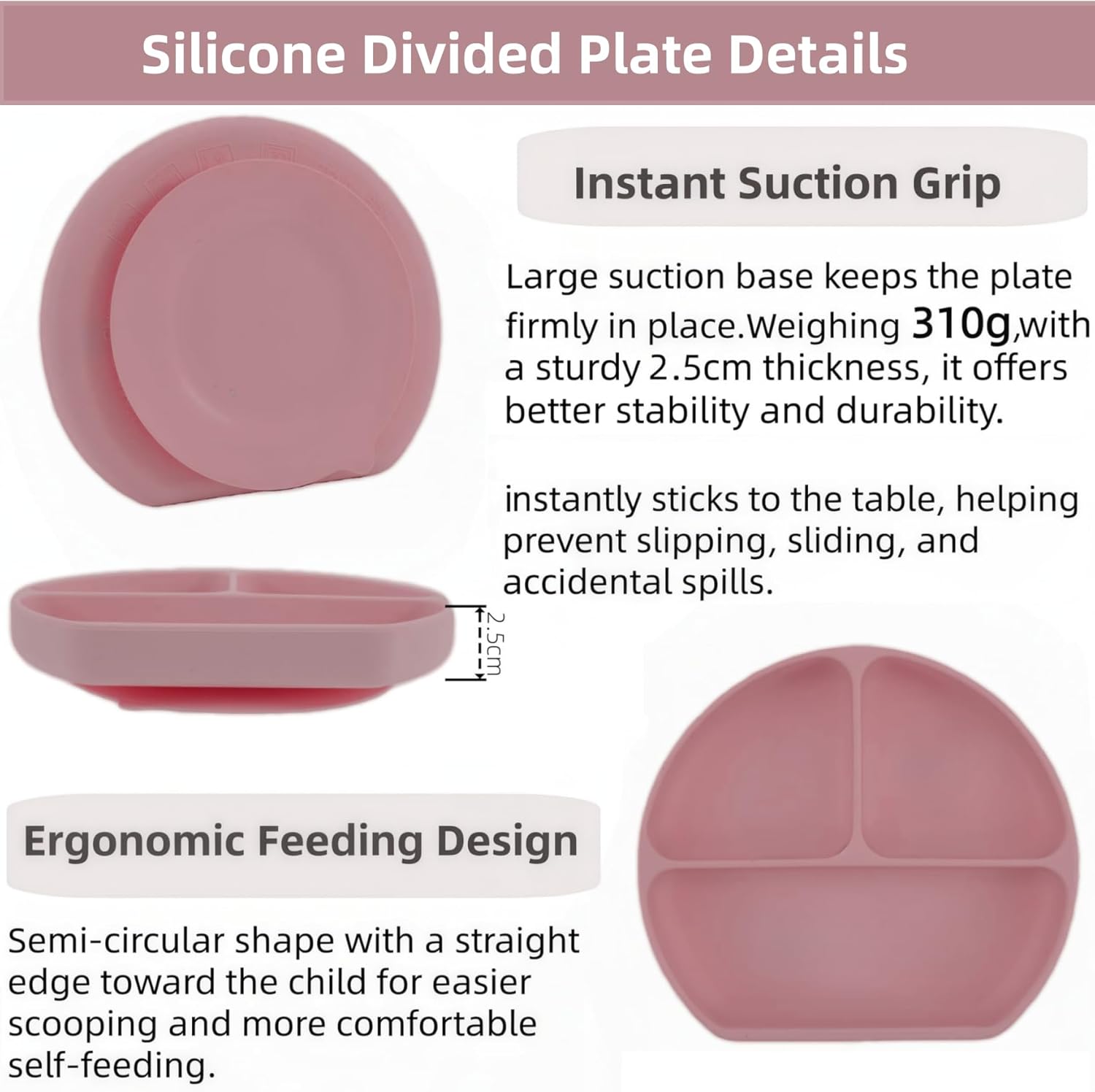 Personalized Name Food Grade 6pcs Baby Feeding Set with Spoon, Fork,Silicone Suction Bowls,Cup,Plate,and bib BPA Free - First Stage Self Feed (Color Muted Deep Pink Y19)