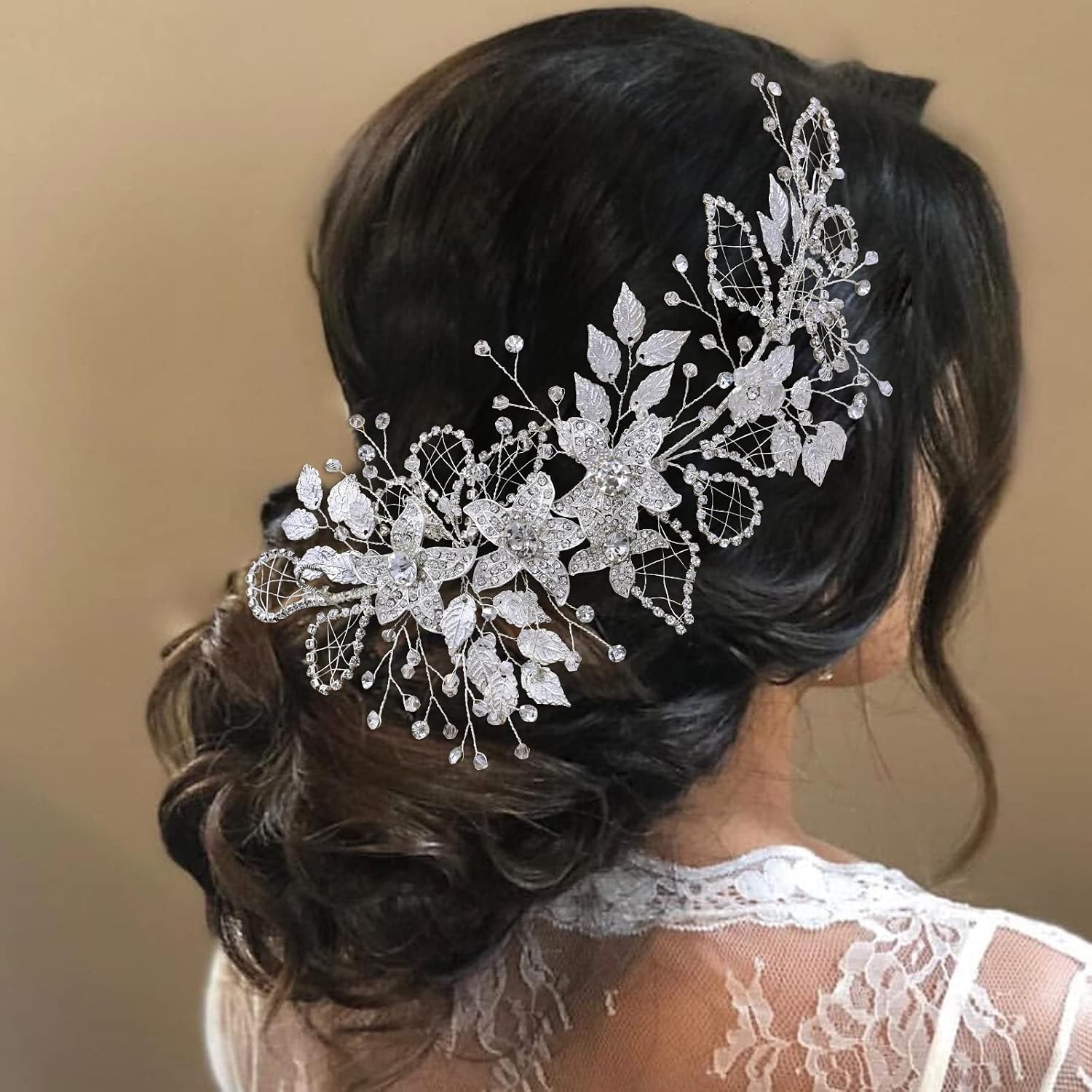 JHOO Luxury Wide Wedding Headbands Silver Flower Leaf Rhinestone Hair Piece Alloy Crystal Formal Hair Accessories for women HP282 (Silver(color), One Size)