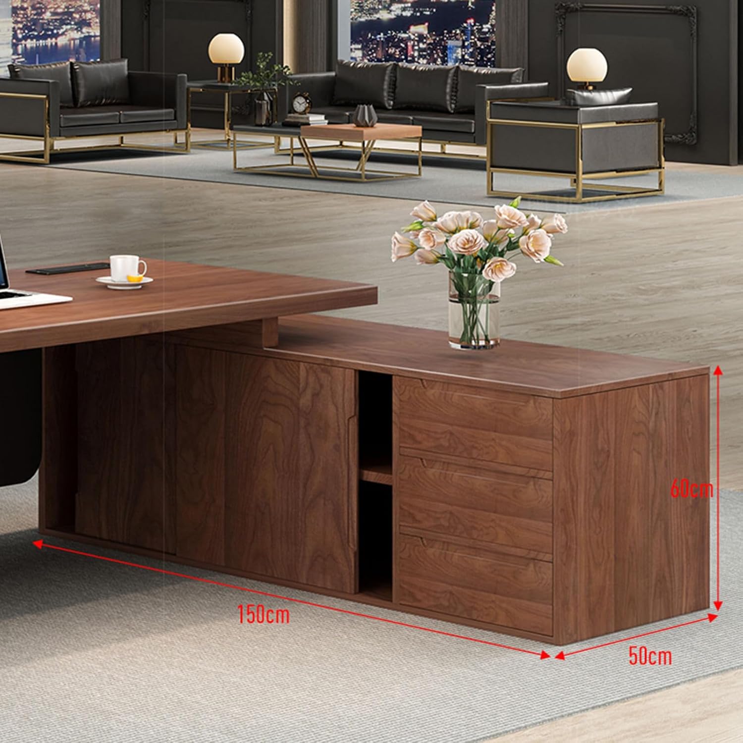 L Shaped Desk Modern New Chinese Style Wooden Office Desk Computer Desk with Shelves & Drawer for Home Office, 2.4m