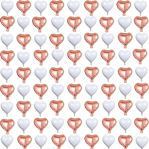 80Pcs 5inch Mini Heart Foil Balloons White RoseGold Heart Balloons for Valentines Day Graduation Wedding Bridal Shower Anniversary Engagement Marriage Party Decorations Supplies.(cannot float)