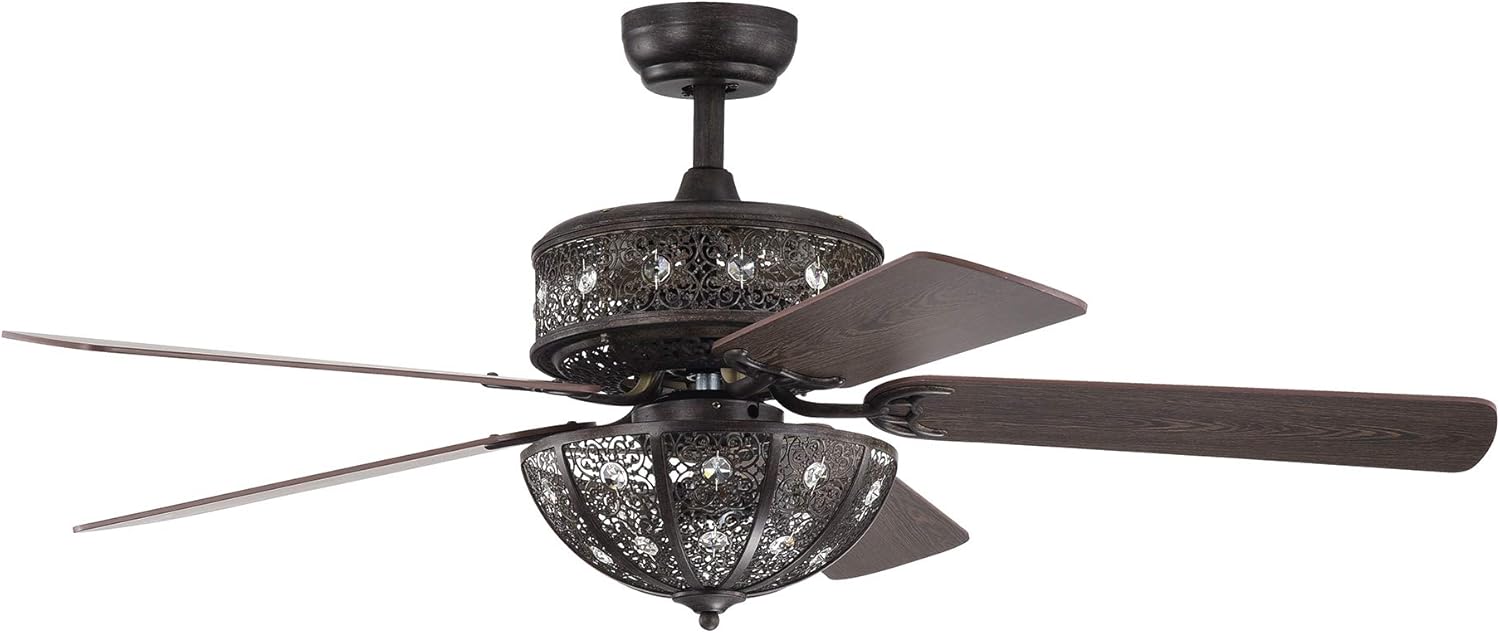 Warehouse of Tiffany Milly Antique Bronze 52-Inch 5-Blade Flower Pattern Metal/Crystal Lighted Ceiling Fan,Brown