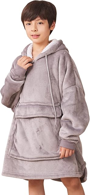 Chokoter Blanket Hoodie for Kids 7-14 years, Oversized Hoodie Blanket, Super Soft Flannel Sherpa Oversized Blanket Hoodie Kids, Warm Comfortable Hooded Robe, Gifts Compatible Gamers Boys Girls(Grey)