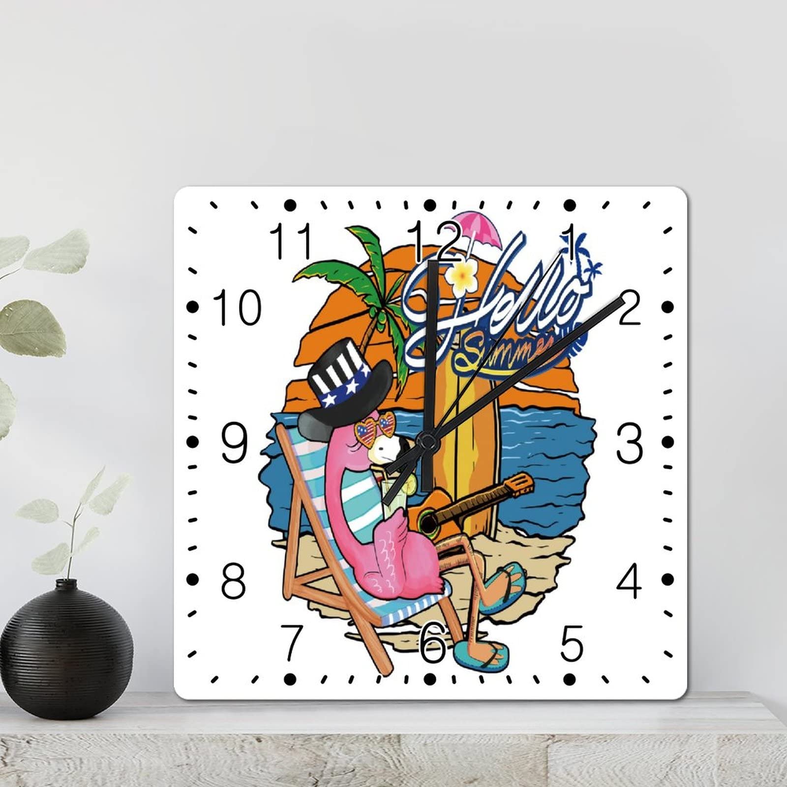 Horloge murale flamant rose tropical carrée de 30 cm pour salon