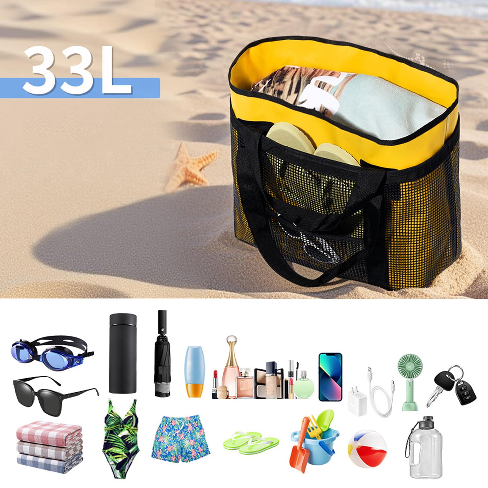 Borse Da Spiaggia Femminili Impermeabile Pieghevole Leggera Antisabbia | Borsa a rete da piscina donna Per Abiti Cappello Cosmetici Telefono Viaggio Vacanza Gita Outdoor Campeggio