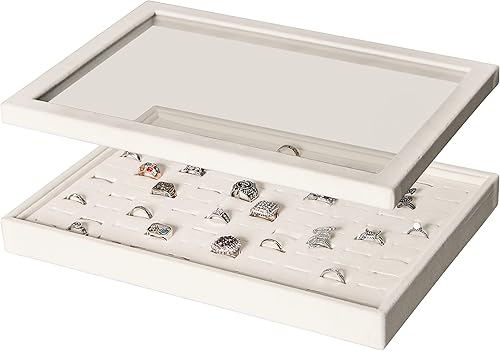 Miniatura 2 de Coward Bandeja organizadora de joyas con tapa, 100 ranuras para anillos, soporte de exhibición apilable para vender (beige