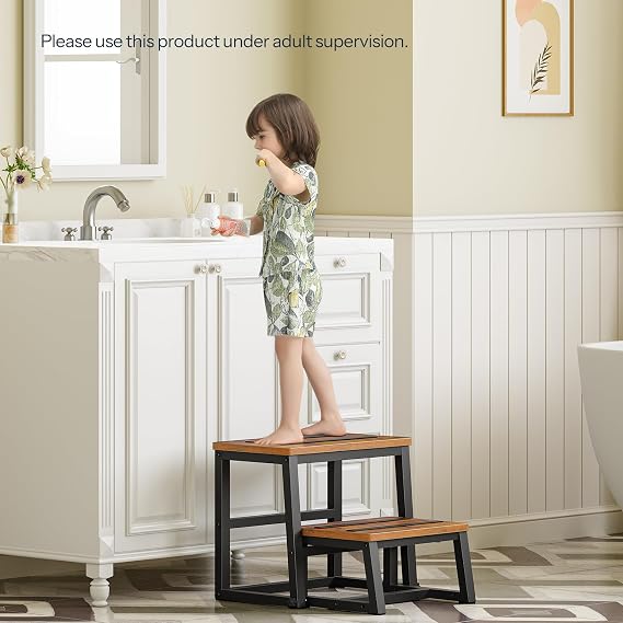 HOOBRO Wooden Step Stools, Two Step Stools for Kids, 3-in-1 Heavy Duty Stepping Stools for High Beds, Metal Frame with Non-Slip Pads for Kitchen, Beds, Rustic Brown and Black BF26JD01