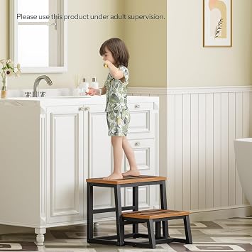 HOOBRO Wooden Step Stools, Two Step Stools for Kids, 3-in-1 Heavy Duty Stepping Stools for High Beds, Metal Frame with Non-Slip Pads for Kitchen, Beds, Rustic Brown and Black BF26JD01