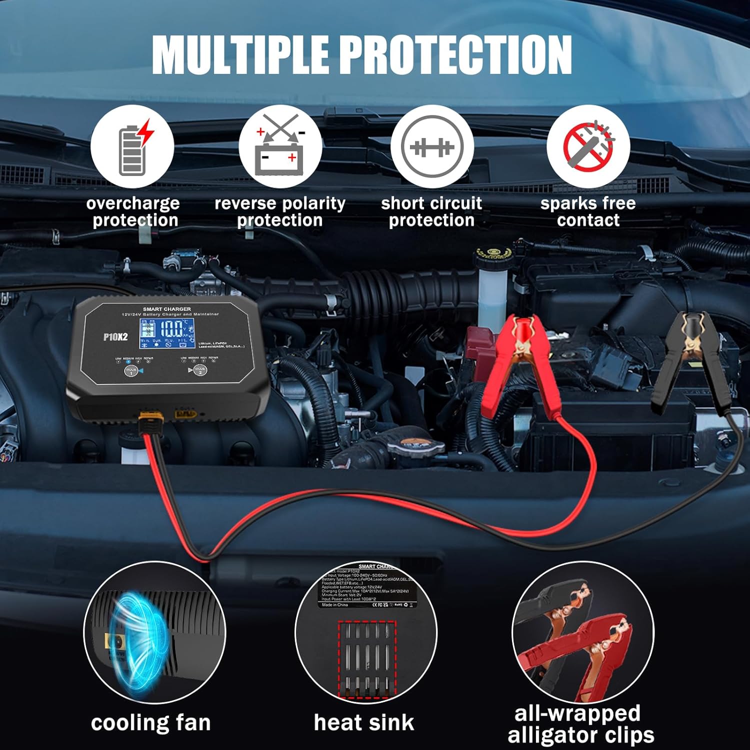 2-Bank 20A(10A/Bank) Car Battery Charger, 12V 24V Automatic Automotive Charger, Battery Maintainer, Trickle Charger for Car, Motorcycle, Marine, Boat, Lead-Acid, Lithium, LiFePo4 Battery