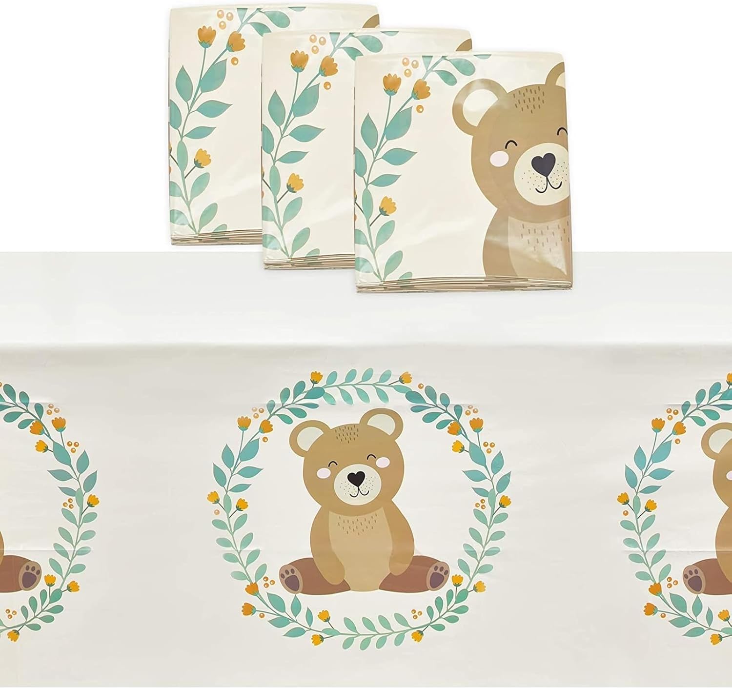 Sparkle and Bash Bear Party Tablecloth - 54" x 108" Multi-Colored Plastic - Reusable 3-Pack - Teddy Bear Birthday Tablecloth & Baby Shower Decor - Spill & Scratch Protection