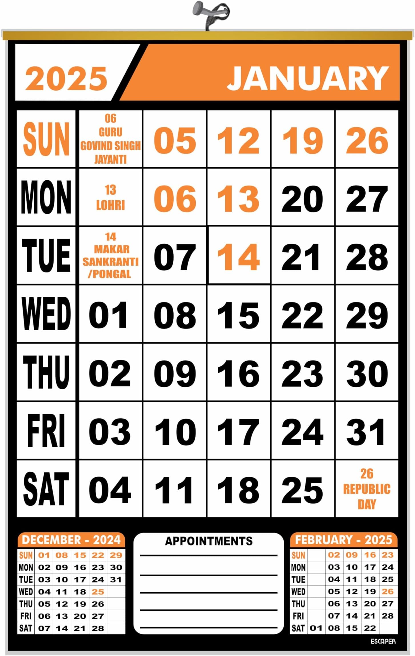 ESCAPER 2025 Wall Calendar Hanging for Home & Office Use, Office Wall Calendar 2025 Hanging, Home Wall Calendar Hanging, Indian Holidays Mentioned, Appointment Planning (Orange, 20 Qty)