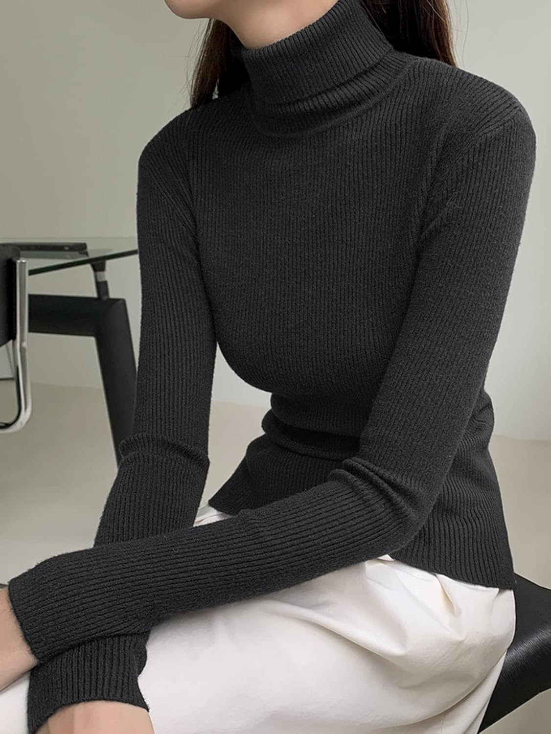 Women's Sweater Ribbed Knit Turtleneck Sweater Sweater for Women (Color : Black, Size : Medium)