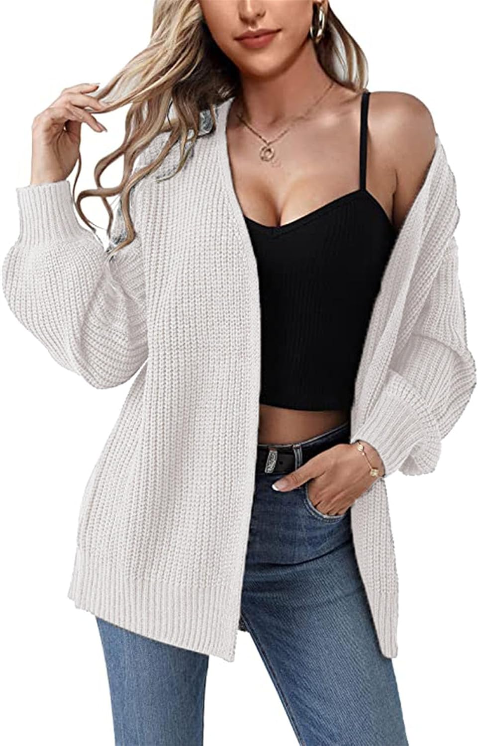 Women Long Sleeve Open Front Cardigan Casual Chunky Long Sweater Coat Loose Knit Solid Color Tops Outwear Jacket