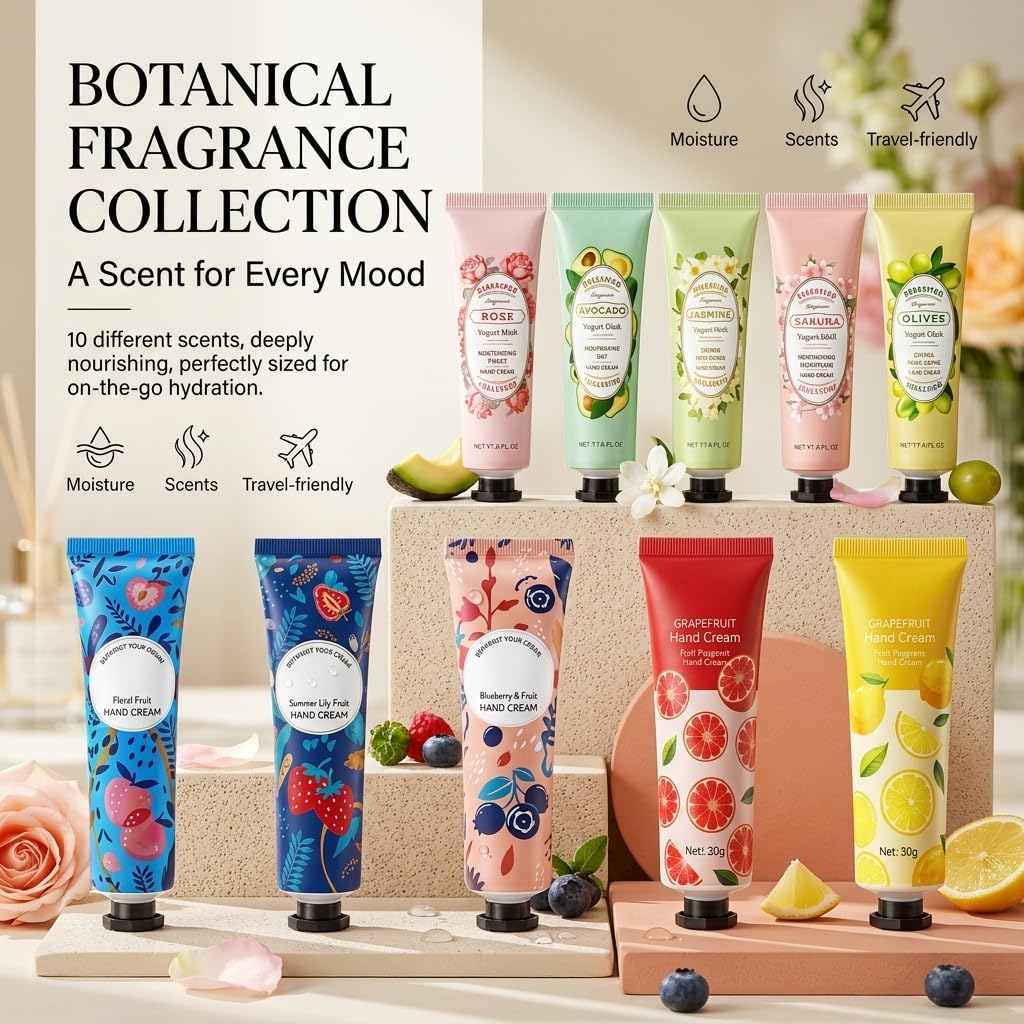10 Pack Hand Cream for Dry Cracked Hands, Birthday Gifts for Women, Bridesmaid Gifts, Thank You Gifts, Teacher Appreciation Gifts, Natural Plant Fragrance Mini Hand Lotion Moisturizing Hand Care Cream