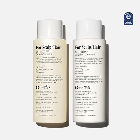 Necessaire The Hair Duo - مجموعة شامبو وبلسم 2 x بالحجم الكامل. الشامبو + البلسم. حمض الهيالورونيك + مركب فيتامين ب. خالي من العطور. تمت الموافقة عليها من قبل الجمعية الوطنية للأكزيما.